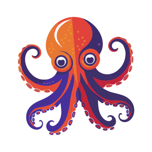 Stylized illustration of an octopus with vibrant orange, red, and purple hues, featuring intricate tentacle details and a modern design.