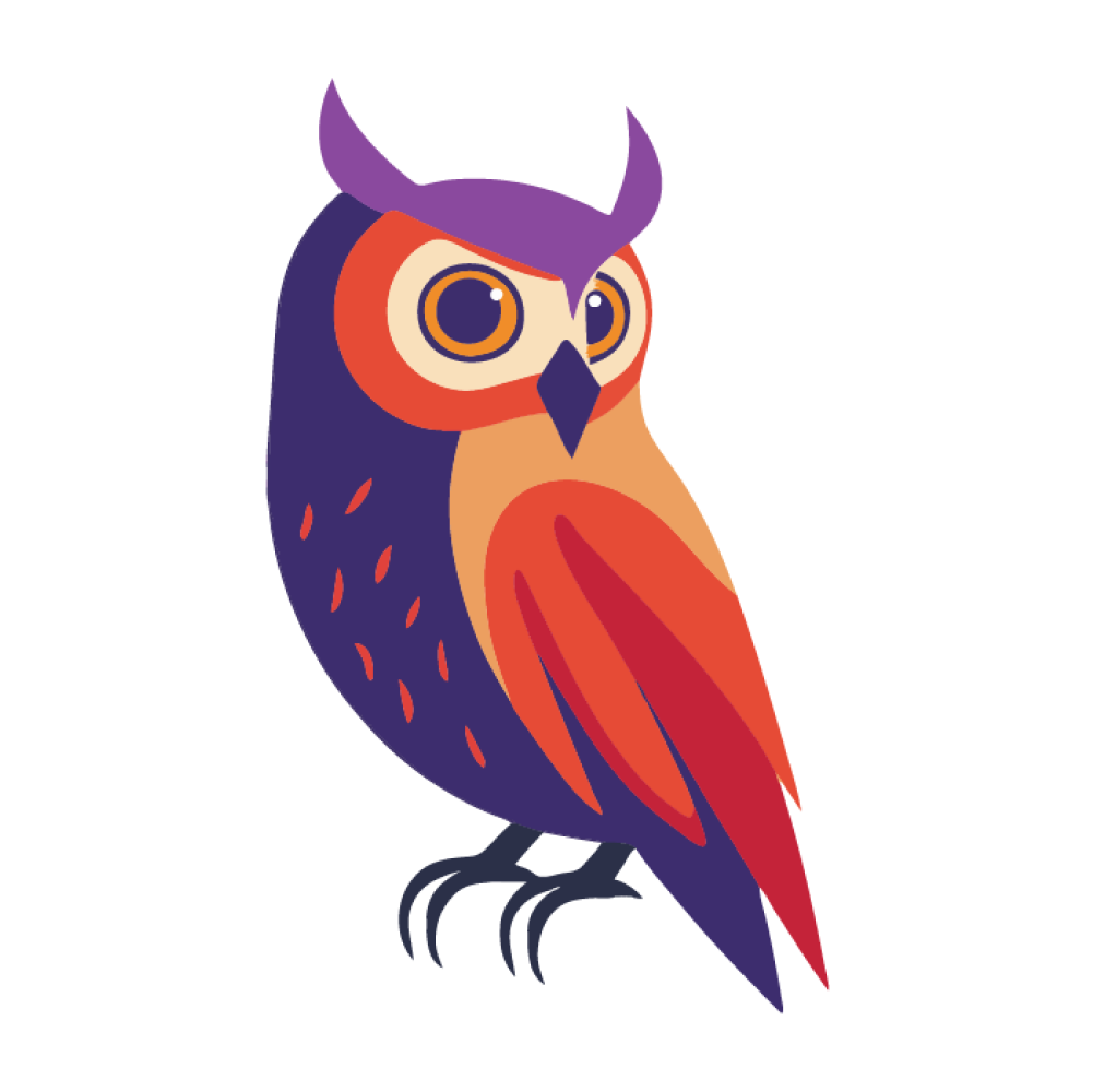 Stylized illustration of an owl in orange, red, and purple tones, symbolizing wisdom and strategic insight in brand strategy services