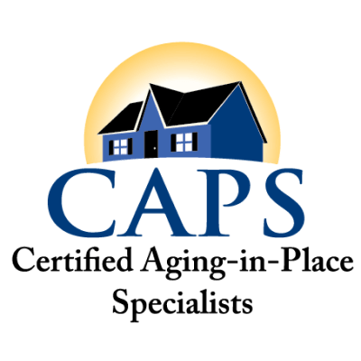 Certified Aging-in-Place Specialist (CAPS) logo featuring a blue house silhouette against a golden sun, indicating expertise in home accessibility.