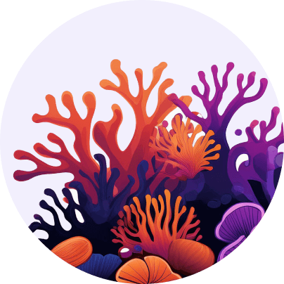 Vibrant coral reef illustration in orange and purple, symbolizing creativity and depth in brand design.