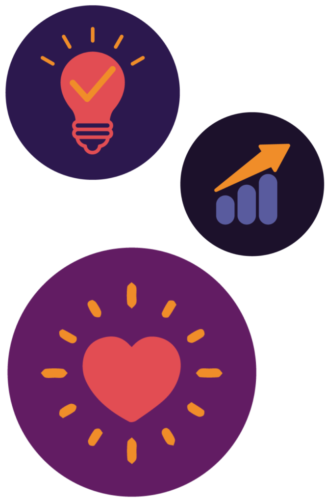 Three circular brand icons representing creativity, growth, and passion: a lightbulb with a checkmark, an upward graph, and a glowing heart.