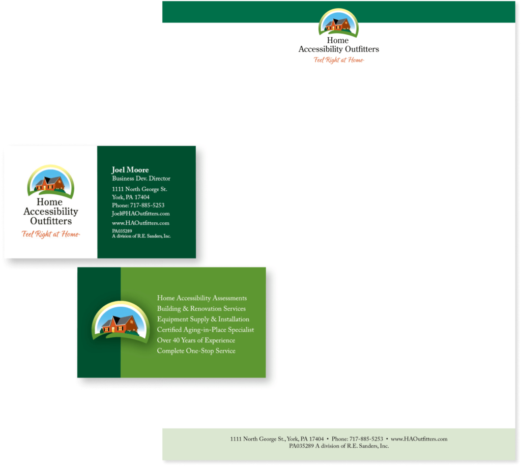 Business cards and letterhead for Home Accessibility Outfitters, featuring company branding and contact information.