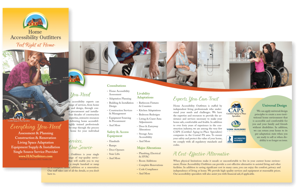 A detailed brochure highlighting home accessibility services, including adaptations for bathrooms, kitchens, and mobility aids.