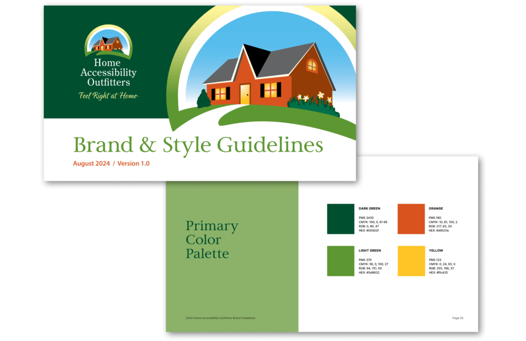 Cover and inside page of the Home Accessibility Outfitters brand guidelines, featuring the logo and primary color palette.