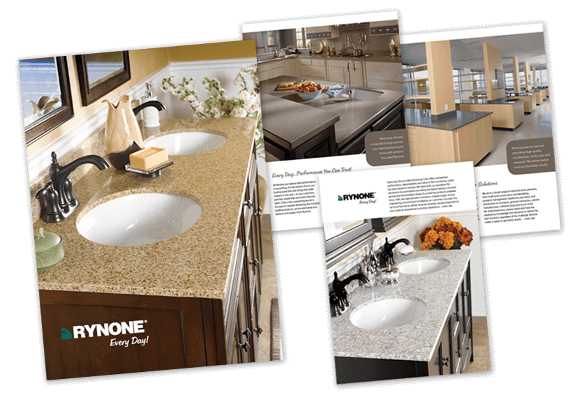 A set of Rynone marketing brochures highlighting premium vanity tops, demonstrating their updated brand identity.