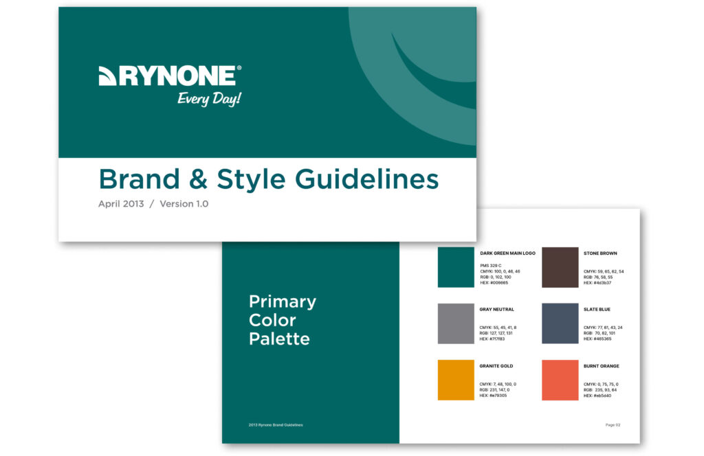 Rynone brand and style guidelines cover with a primary color palette, part of a brand refresh marketing initiative.