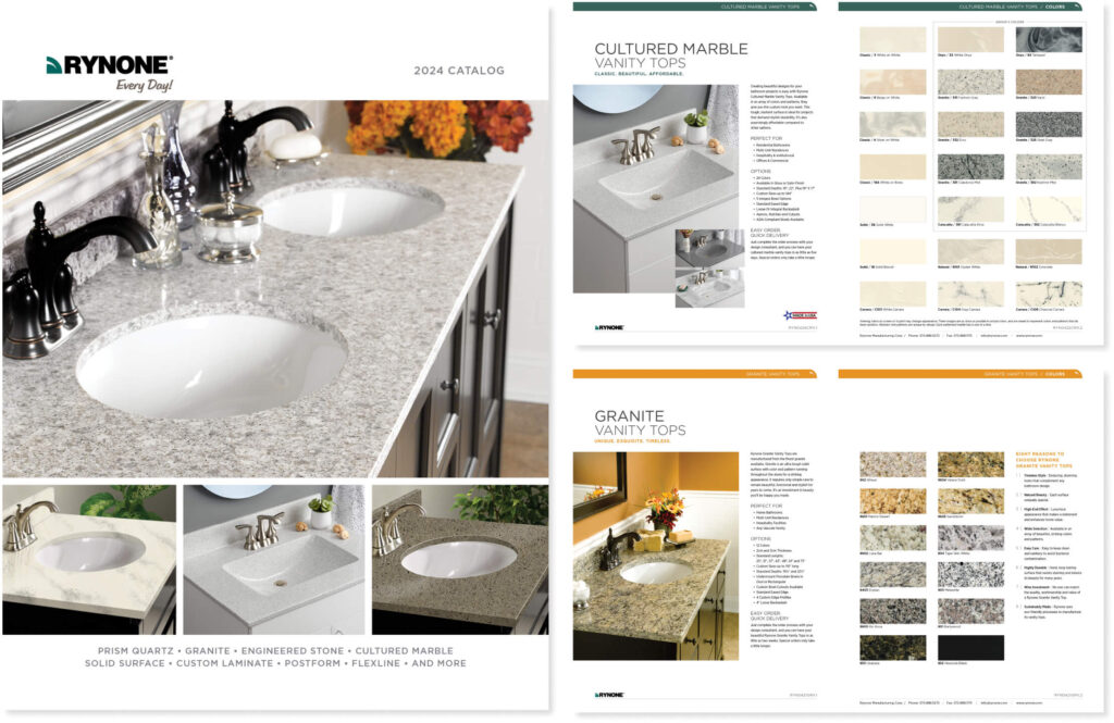 Interior preview of the Rynone product catalog featuring granite, quartz, and cultured marble vanity tops.A spread from Rynone's 2024 catalog featuring granite and cultured marble vanity tops, emphasizing premium materials.