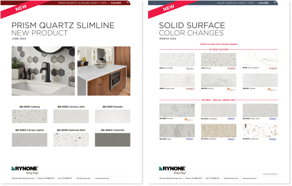 A marketing sheet showcasing Rynone's new Prism Quartz Slimline and solid surface vanity top colors, highlighting product updates and modern design options.