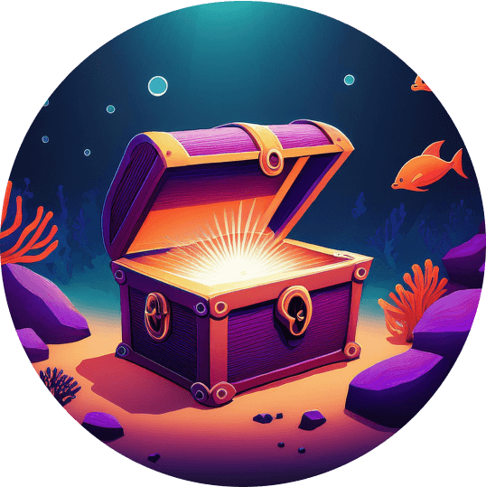 A glowing treasure chest underwater, symbolizing the value of choosing our brand identity design services for a unique visual identity.