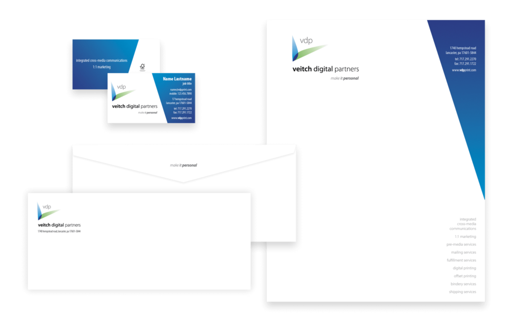 Branded stationery set including business cards, letterhead, and envelopes, reinforcing a polished personal brand.