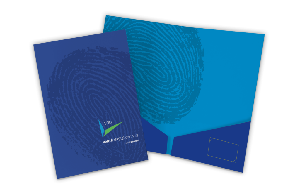 Branded presentation folders with a fingerprint pattern and company logo, emphasizing the personal branding for Veitch and the concept of pURL technology.
