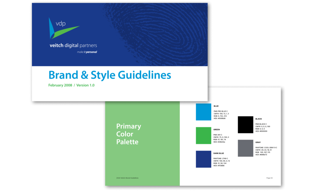 Veitch Digital Partners brand guidelines cover and color palette, showcasing a cohesive identity for personal branding.