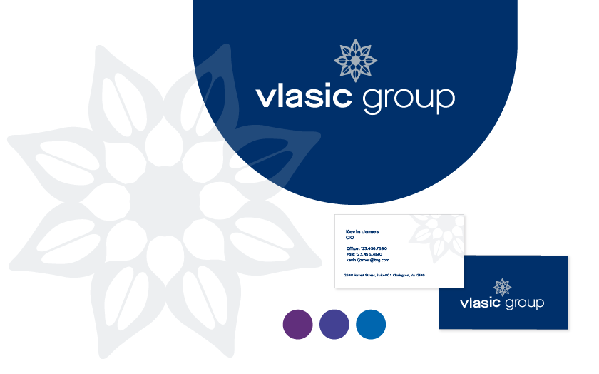 Vlasic Group branding with a sleek blue and silver design, featuring business cards and a professional logo.