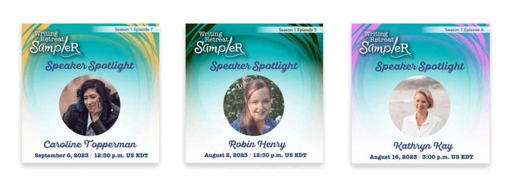 Speaker spotlight graphics featuring event guests with bold typography and vibrant gradients.